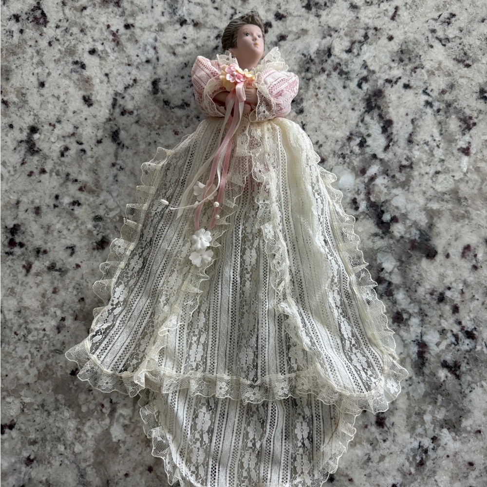 Vintage Lace Porcelain Half Doll in Cream and Pink Christening Gown